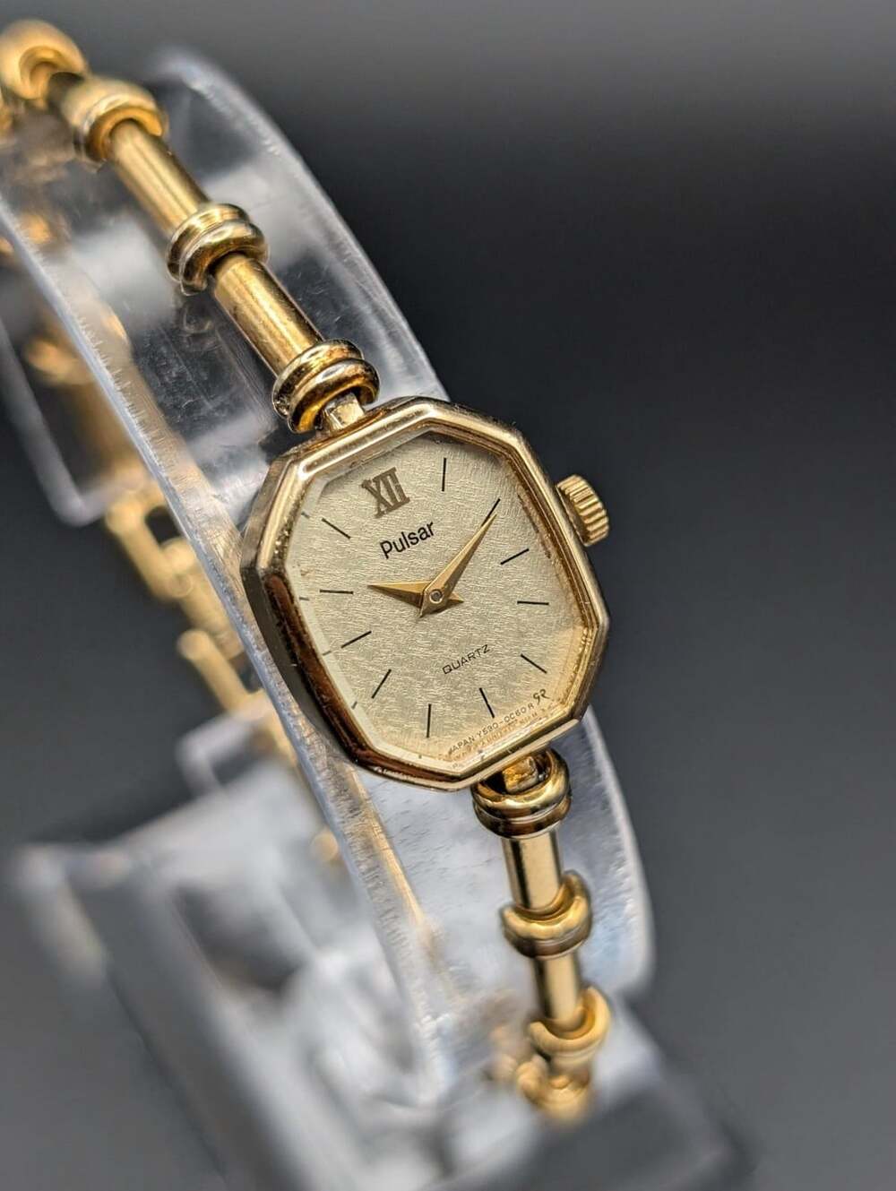 1990s Pulsar Gold-Tone Quartz Ladies Watch, Octagonal Textured Dial Delicate Lin